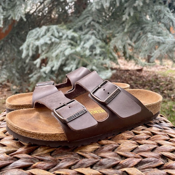Birkenstock Shoes - Birkenstock brown oiled leather Arizona dual adjustable, buckle slide sandal S10